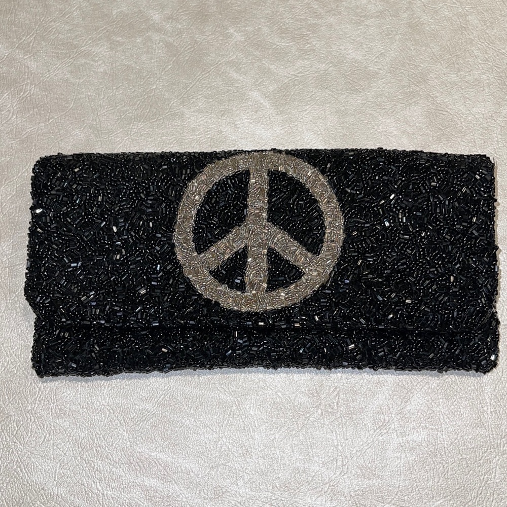 Moyna beaded folded clutch with peace sign